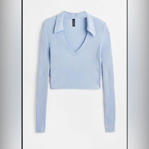 H & M - COLLARED RIB-KNIT TOP - BLUE size L